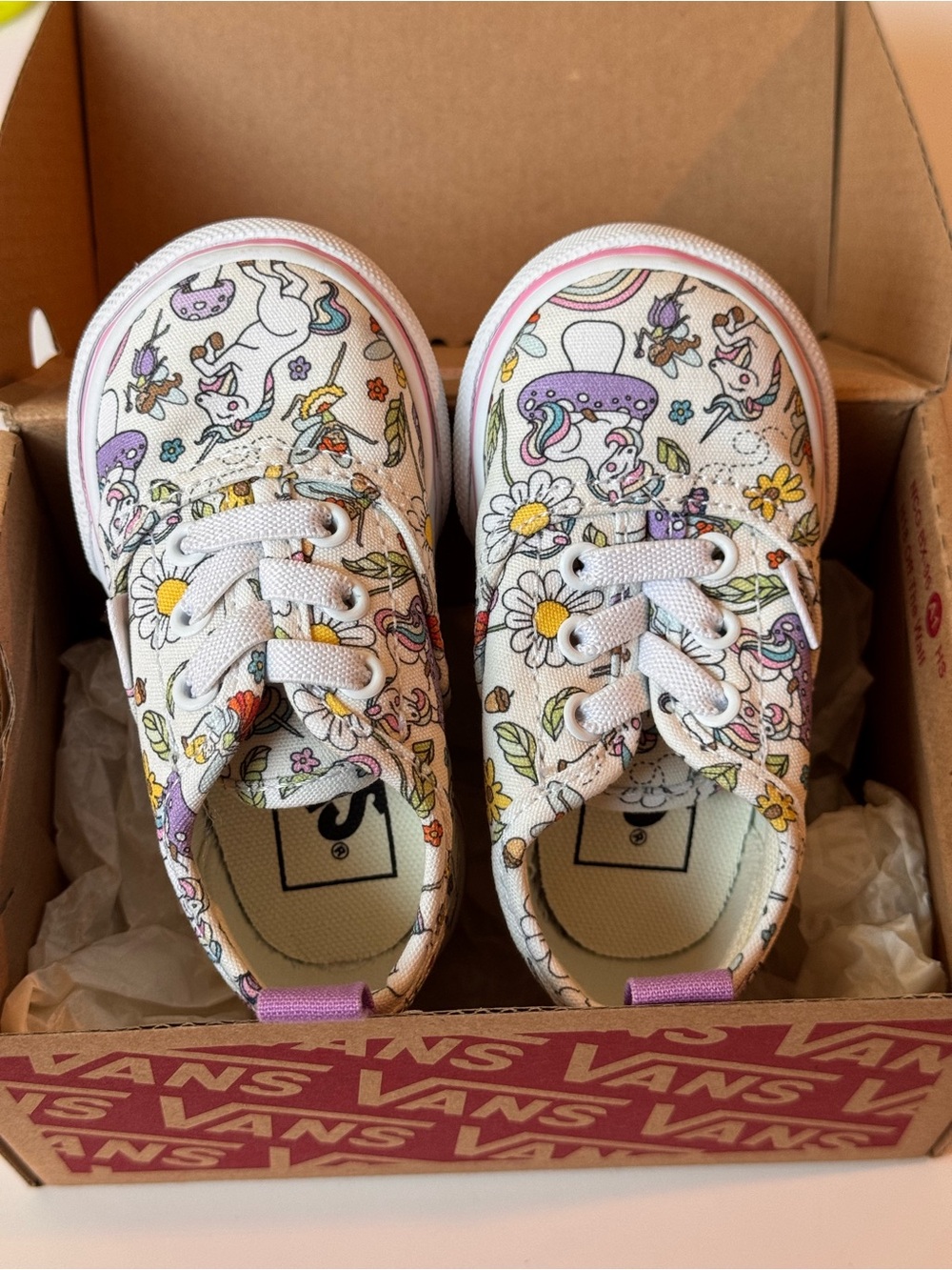 Vans Kids Unicorn & Floral Canvas Sneakers - White with Pastel Accents Size 5